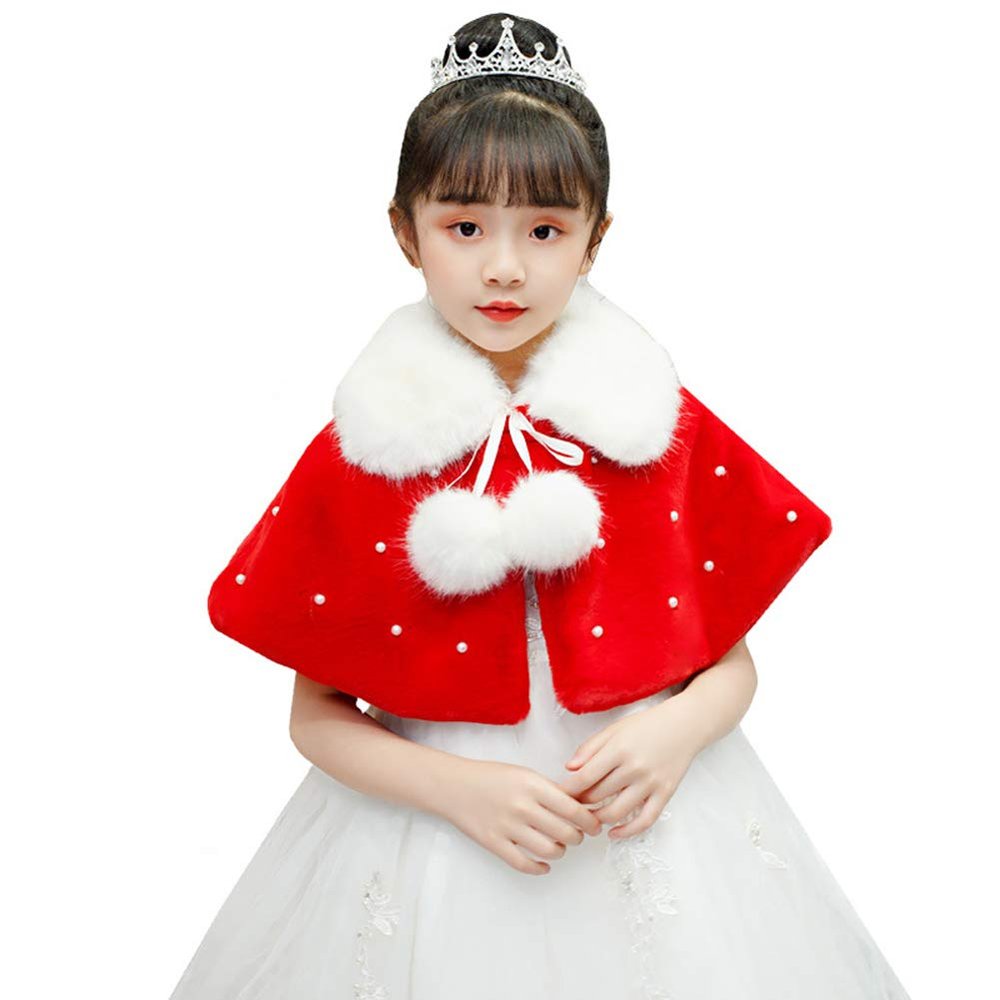 LeJulyeekay Red Flower Girl Faux Fur Wraps Cape Kids First Communion Fur Capelet for Girls