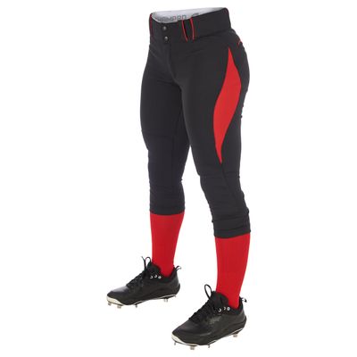 CHAMPRO Surge Traditional Low-Rise Fastpitch Softball Pant with Contrast-Color Braid Piping, Black,Scarlet, Girls' Small, BP28GBSCS