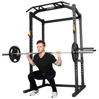PowerTec Workbench Power Rack and Squat Rack, Black, 1000 lbs Max Load - Durable Strength Training Equipment with Multi-Grip Bar, Dip Handles, J-Hooks - Power Cage