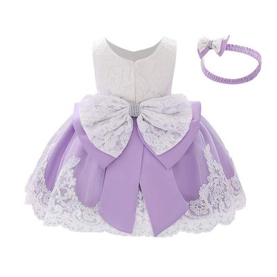 First Birthday Baby Girl Party Dress Infant V Neck Bowknot Embroidered Lace Tutu Dress Wedding Flower Girl Dress with Headband Princess Christmas Dress Pageant Formal Dresses Lilac 18-24 Months