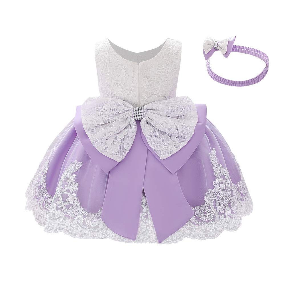 First Birthday Baby Girl Party Dress Infant V Neck Bowknot Embroidered Lace Tutu Dress Wedding Flower Girl Dress with Headband Princess Christmas Dress Pageant Formal Dresses Lilac 18-24 Months