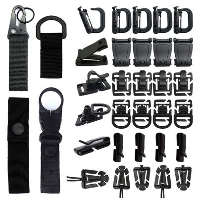 34 PCS Molle Accessories Kit, Tactical Gear Organization Clip for Webbing Strap Molle Bag Backpack Vest Belt Key Ring, D-Ring Locking Carabiner, Water Bottel Carriers Tube Clip, Web Dominator Buckle