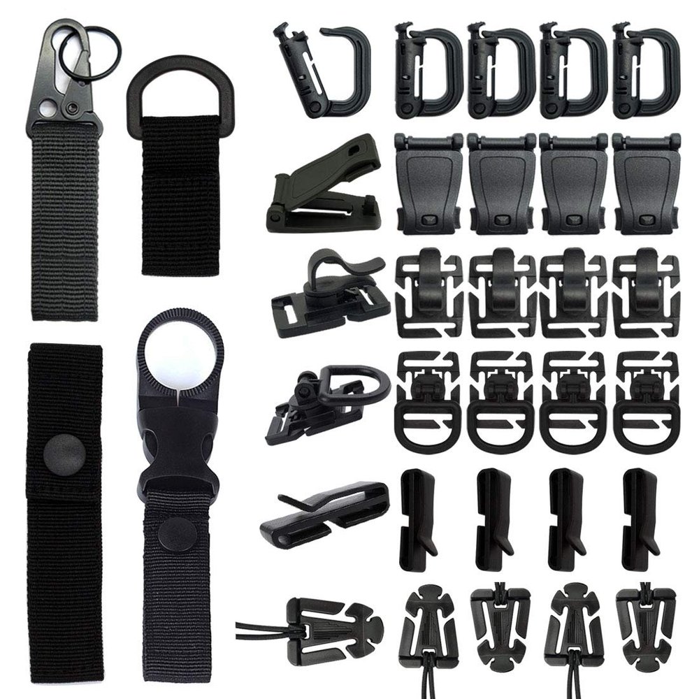 34 PCS Molle Accessories Kit, Tactical Gear Organization Clip for Webbing Strap Molle Bag Backpack Vest Belt Key Ring, D-Ring Locking Carabiner, Water Bottel Carriers Tube Clip, Web Dominator Buckle