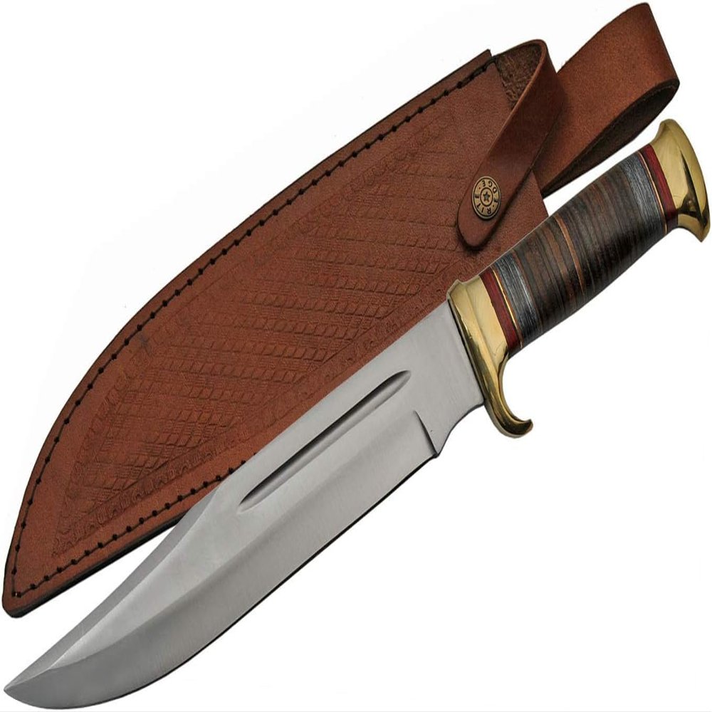 SZCO Full Tang Bowie Knife 11 Inch - Pocket Knifes with Stainless Steel Blade, Wood Handle & Leather Stacked Sheath - Camping Knife for Hiking, Camping - Skinning knife for Men