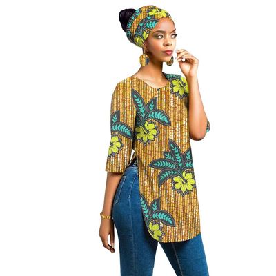 Dashiki for Women Ankara Shirt Tops with Turban Headwrap Earrings + Bracelet Four Pieces Set 713 Half Sleeves 2XL/US16