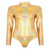 ACSUSS Womens Shiny Leather Long Sleeve Mock Neck Gymnastic Dance Leotard Bodysuit Clubwear Gold Small view 1