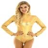 ACSUSS Womens Shiny Leather Long Sleeve Mock Neck Gymnastic Dance Leotard Bodysuit Clubwear Gold Small view 2