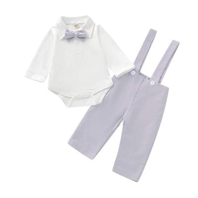 HIHCBF Baby Boys Gentleman Bowtie Outfits Long Sleeve Romper Overalls Bib Pants Suspender Wedding Baptism Tuxedo Clothes Light Blue 3-6M