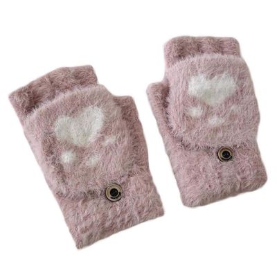 1 Pair Cat Paw Knit Gloves Half Finger Flip Cover Mitten Gloves for Womens Girls Winter Warm, Pink