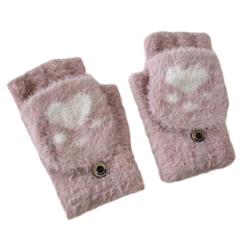 1 Pair Cat Paw Knit Gloves Half Finger Flip Cover Mitten Gloves for Womens Girls Winter Warm, Pink