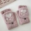 1 Pair Cat Paw Knit Gloves Half Finger Flip Cover Mitten Gloves for Womens Girls Winter Warm, Pink view 2
