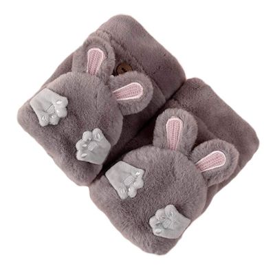 1 Pair Winter Gloves Warm Lining Flip Mittens Cute Rabbit Ear Cozy Fingerless Winter Gloves, Grey