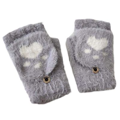 1 Pair Cat Paw Knit Gloves Half Finger Flip Cover Mitten Gloves Womens Girls Winter Keep Warm, Grey