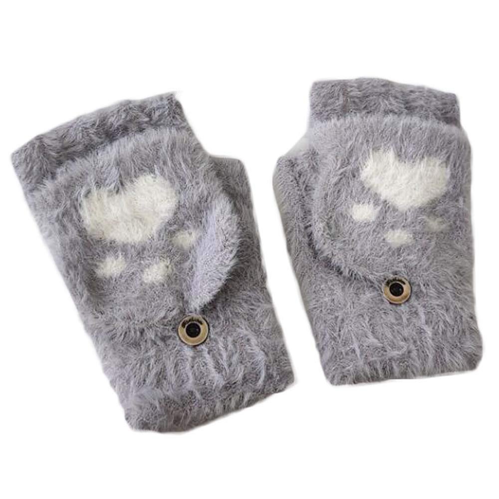 1 Pair Cat Paw Knit Gloves Half Finger Flip Cover Mitten Gloves Womens Girls Winter Keep Warm, Grey