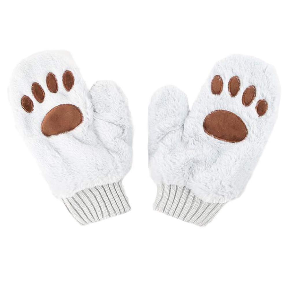 1 Pair Cute Cat Paw Gloves Plush Warm Gloves Mittens Winter Accessories for Women Girls, Grey