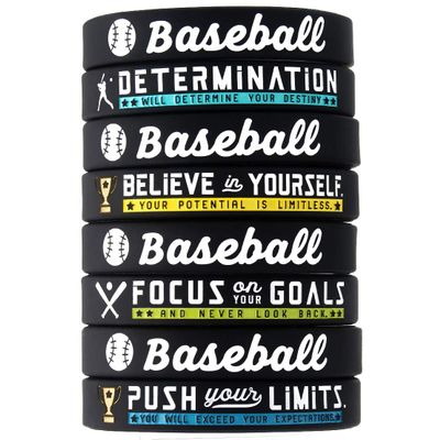 (12-pack) Baseball Bracelets with Motivational Sports Quotes - Wholesale Pack of 12 Silicone Rubber Wristbands for Bulk Baseball Team Gifts and Party Favors - Unisex for Boys Girls Men Women Motivational Bracelets for Kids