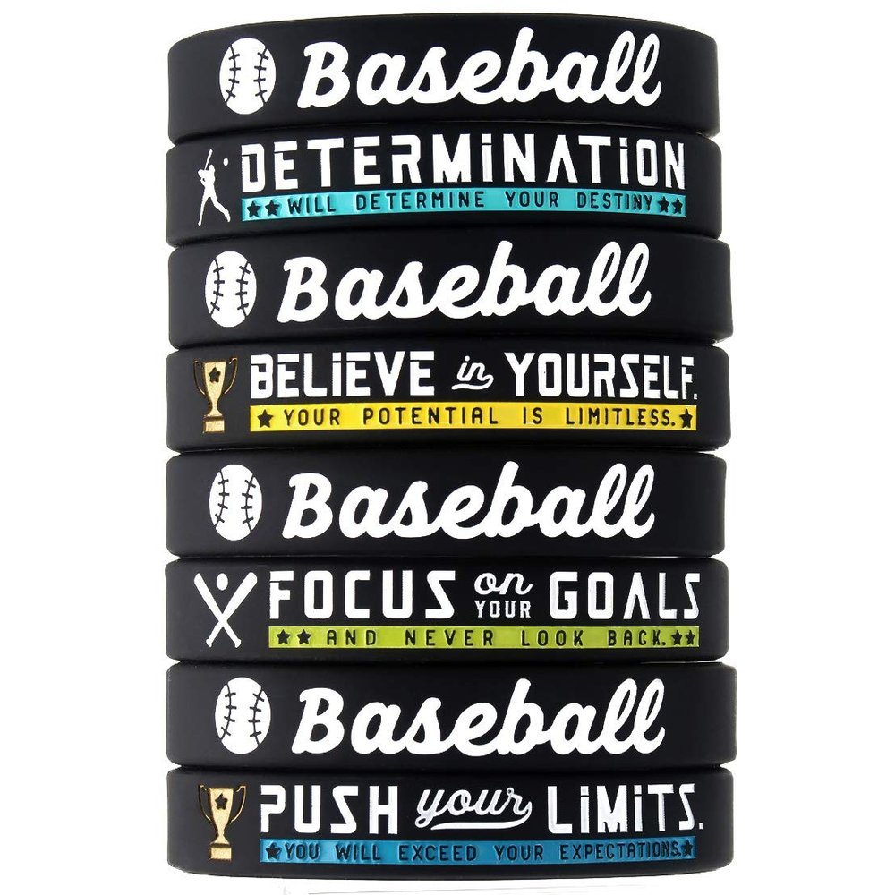 (12-pack) Baseball Bracelets with Motivational Sports Quotes - Wholesale Pack of 12 Silicone Rubber Wristbands for Bulk Baseball Team Gifts and Party Favors - Unisex for Boys Girls Men Women Motivational Bracelets for Kids