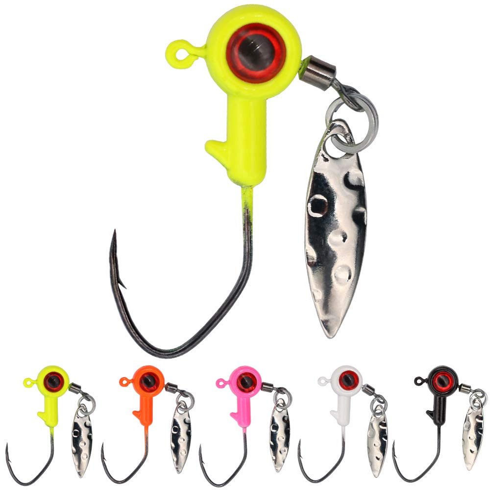 XFISHMAN Crappie-Jigs-Heads-Kit 1/8 1/16 1/32oz 50 Pack Ice Fishing Jigs Lead Head Jig Hook Lure (1/32 oz, Big Eye Jigheads-W/Spinner)