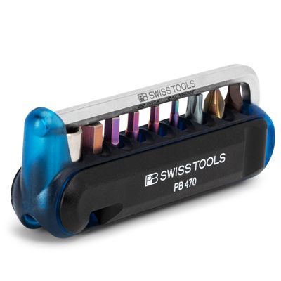 PB Swiss Tools Bike Multitool PB 470 | 100% Swiss Made | Pocket Tool with Bits, Allen Key, Steel Adapter, Tire Lever for Mountain and Road Bike, Bicycle, E-Bike (Blue)