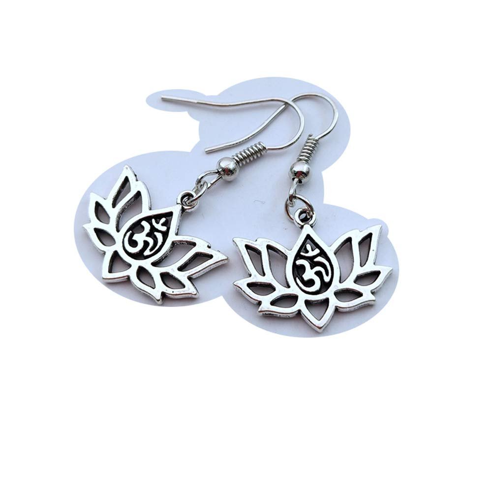 Ancient Silver Color Alloy Lotus Flower Yoga OM Yogi Meditation Pendant Necklace Earrings for Women Jewelry (#1)