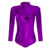 Womens Shiny Metallic Bodysuit Gymnastics Ballet Dance Leotard Long Sleeve Mock Neck Jumpsuit Romper Top Ballerina Workout Yoga Tights Unitard One Piece Thong Training Dancewear Costume Purple 2XL view 1