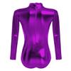 Womens Shiny Metallic Bodysuit Gymnastics Ballet Dance Leotard Long Sleeve Mock Neck Jumpsuit Romper Top Ballerina Workout Yoga Tights Unitard One Piece Thong Training Dancewear Costume Purple 2XL view 3