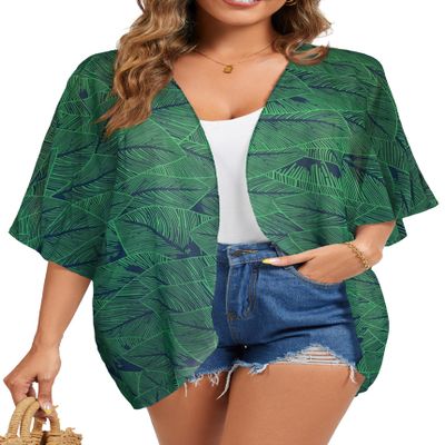 FINOCEANS Chiffon Cardigans for Women Kimono Floral Sheer Green Leaf XX-Large