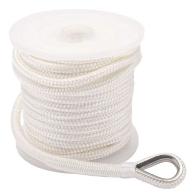 NovelBee 3/8 Inch X 200 Feet Double Braid Nylon Anchor Line with Stainless Steel Thimble and Plastic Chuck (White)