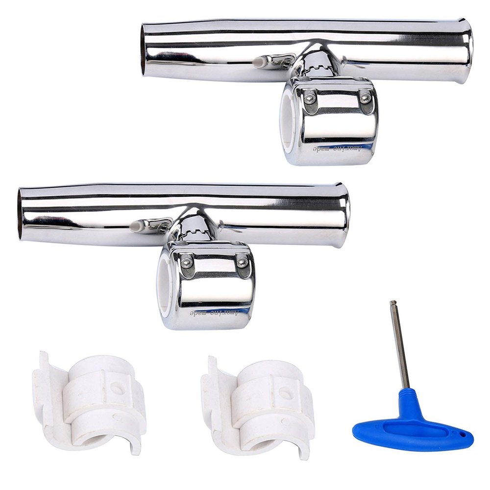 Amarine Made 2-Pack Boat Fishing Pole Holders Stylish Stainless Steel Clamp on Fishing Rod Holder for Rails 7/8" to 1"