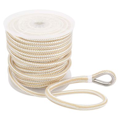 NovelBee 1/2 Inch X 100 Feet Double Braid Nylon Anchor Line with Stainless Steel Thimble and Plastic Chuck (White/Gold)