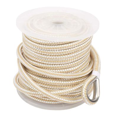 NovelBee 1/2 Inch X 150 Feet Double Braid Nylon Anchor Line with Stainless Steel Thimble and Plastic Chuck (White/Gold)