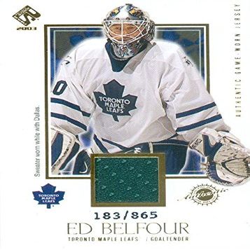 Autograph Warehouse 365388 Ed Belfour Player Worn Jersey Patch Hockey Card - Toronto Maple Leafs 2003 Pacific Private Stock No.145 LE 145-865