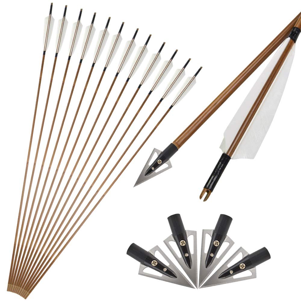 SHARROW 6pcs Archery 32inch Bamboo Arrows Shaft Hunting Practice Target Arrow 5" Turkey Feathers with Arrowhead for Recurve Bow Compound Bow (Types1, 6pcs)