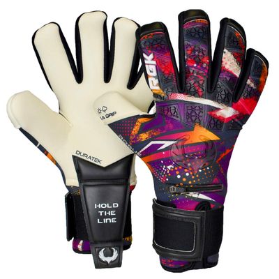Renegade GK Limited Edition Rogue Slash Goalie Gloves with Pro-Tek Fingersaves | 4mm Giga Grip & Neoprene | Black, Purple, Gold Soccer Goalkeeper Gloves (Size 7, Youth, Negative Cut, Level 4+)