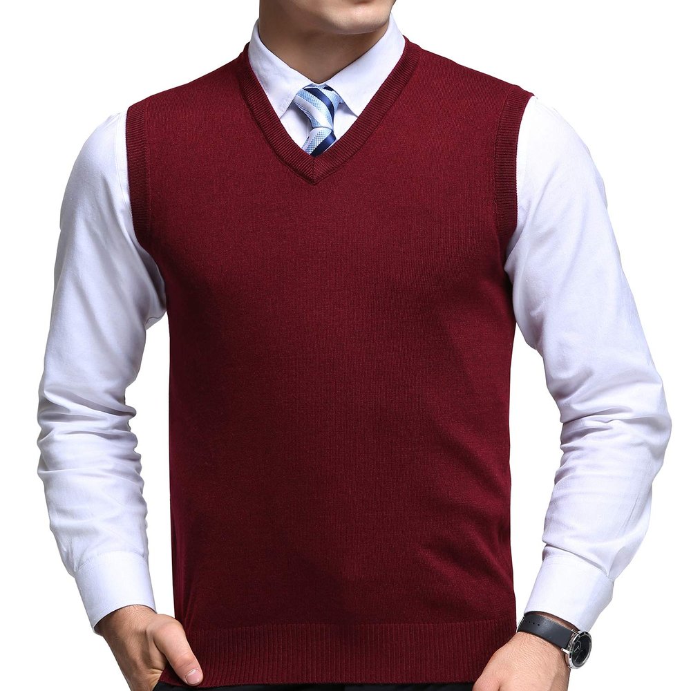 FULIER Mens Winter V-Neck Sleeveless Vest Classic Business Gentleman Knitwear Knitted Waistcoat Sweater Cardigans Tank Tops (M, Red)