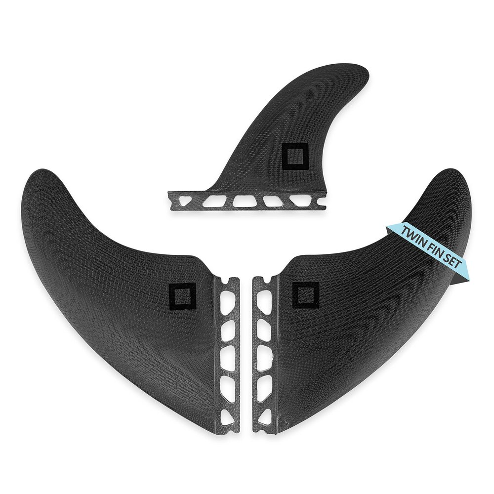 Surf Squared Twin Fin Set + Trailer Fin (2+1 Fins) - Solid Fiberglass for Lightweight Durability & Top Performance - Compatible with Futures Single Tab Surfboards, Shortboard, Fish - Black