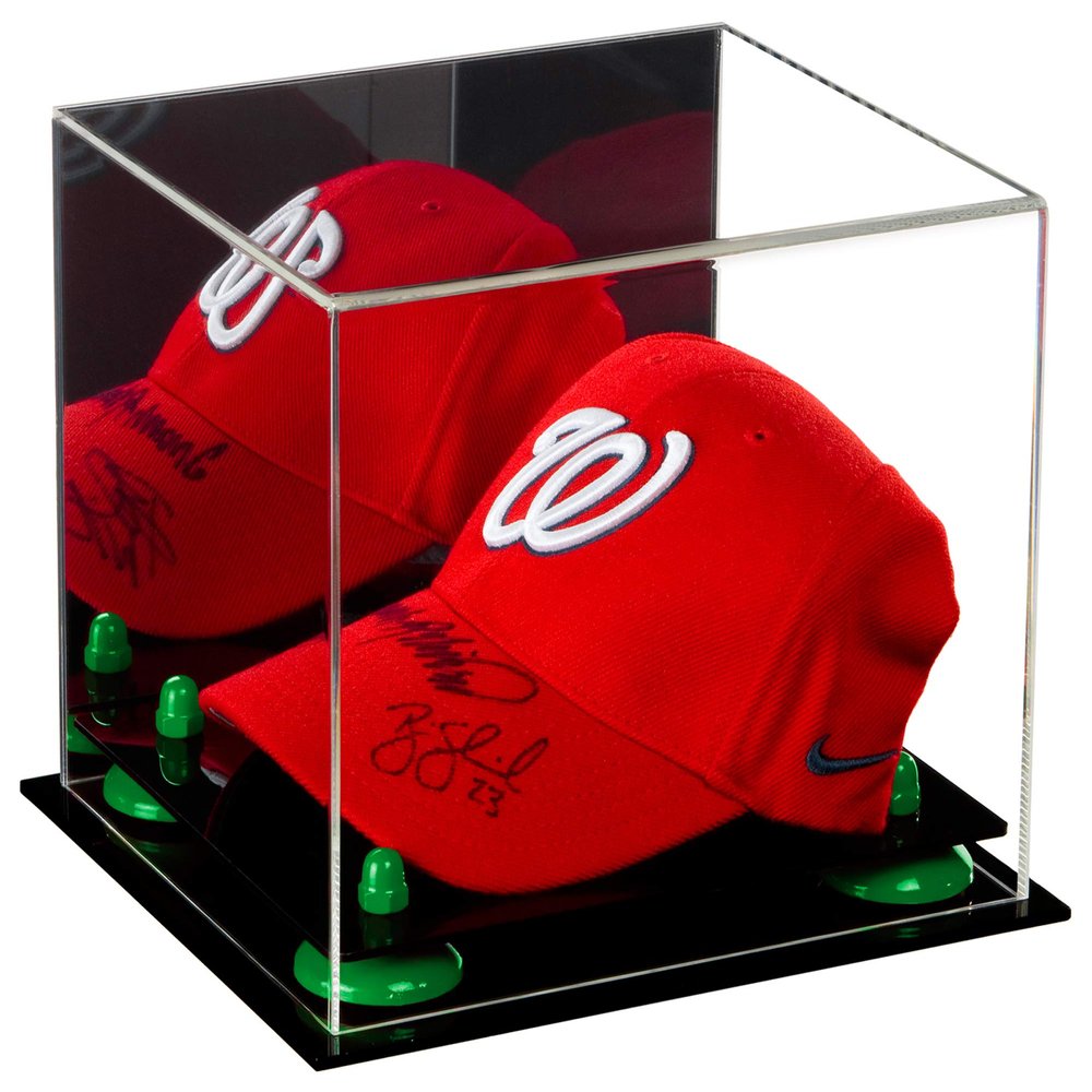 Better Display Cases Acrylic Baseball Cap Display Case with Mirror, Green Risers and Black Base (A006/V21)