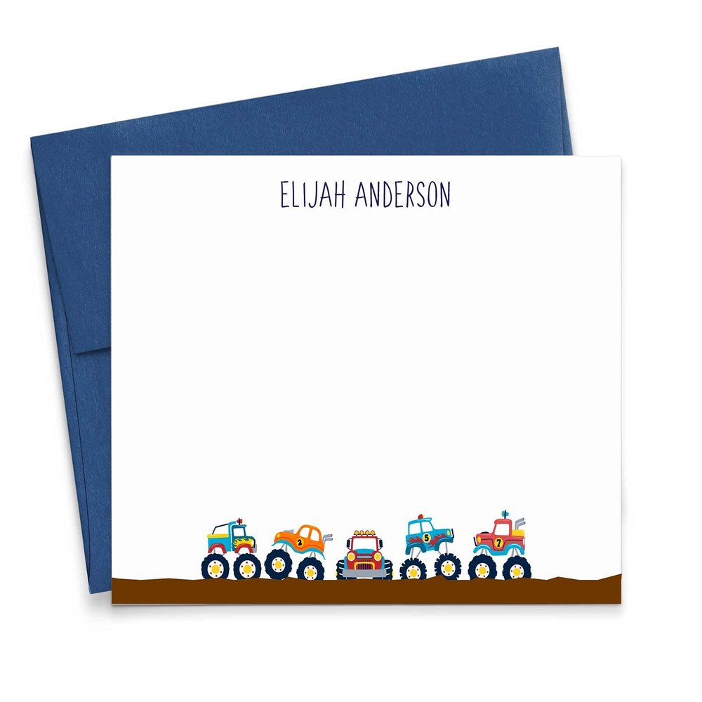 Monster Truck Stationary for Boys Stationary Cards Set with Envelopes, Cars Stationary Set for Kids, Your Choice of Colors and Quantity
