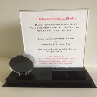 Acrylic Single Hockey Puck Display Case with A Vertical 8" x 10" Photograph Holder