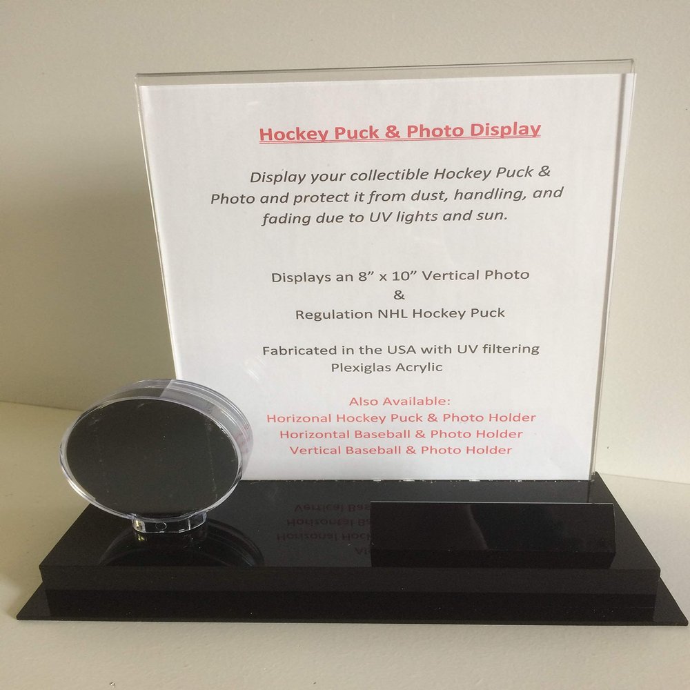 Acrylic Single Hockey Puck Display Case with A Vertical 8" x 10" Photograph Holder
