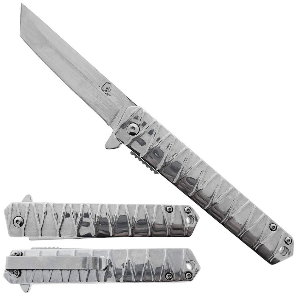 Falcon Tanto Style Folding Pocket Knife 3 Inch 440 Stainless Steel Blade, 8 Inch Overall Length, EDC Utility Knife for Camping, Outdoor Use, Collection & Gifting (Chrome)