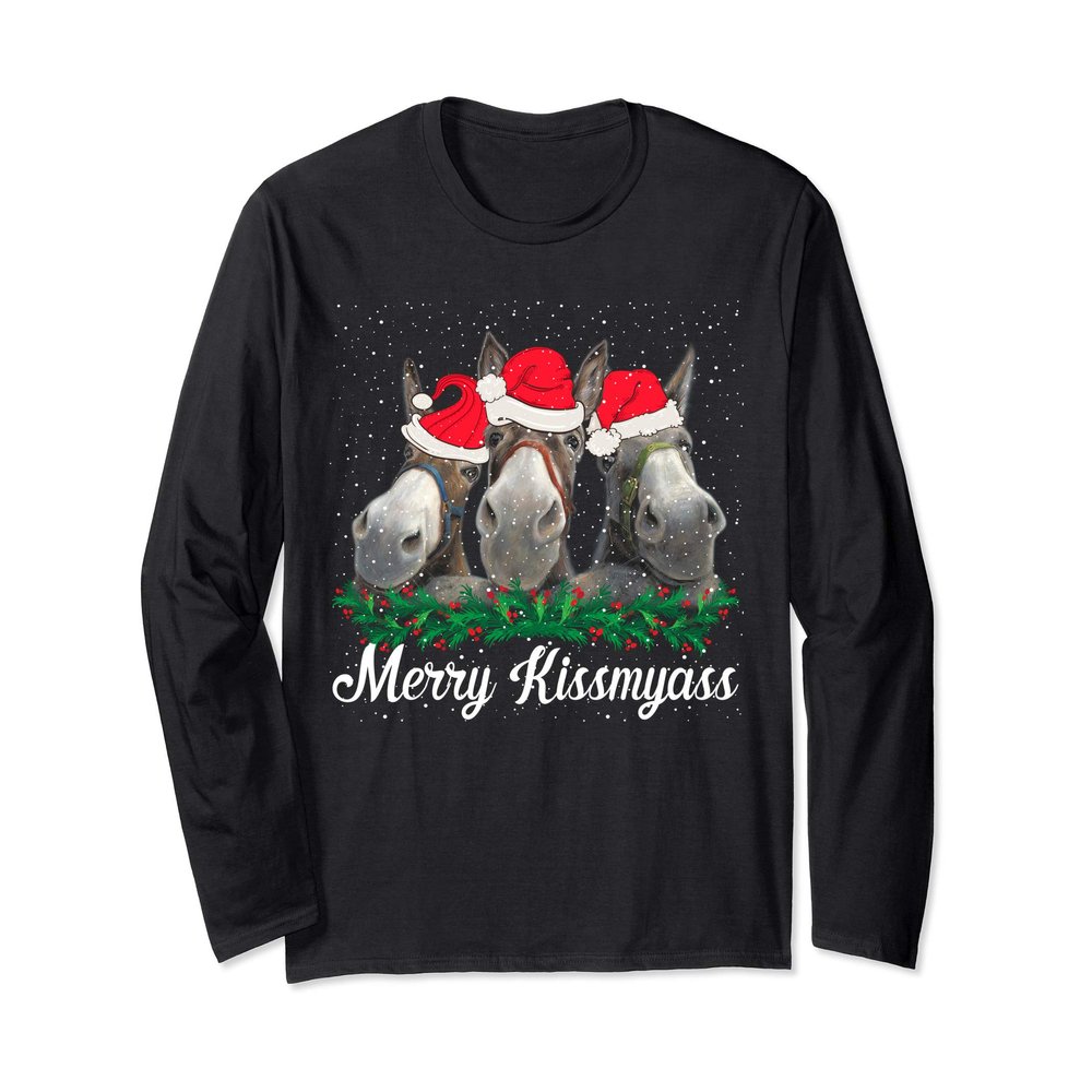 Merry Kissmyass Funny Donkey Lovers Sarcastic Christmas Long Sleeve T-Shirt