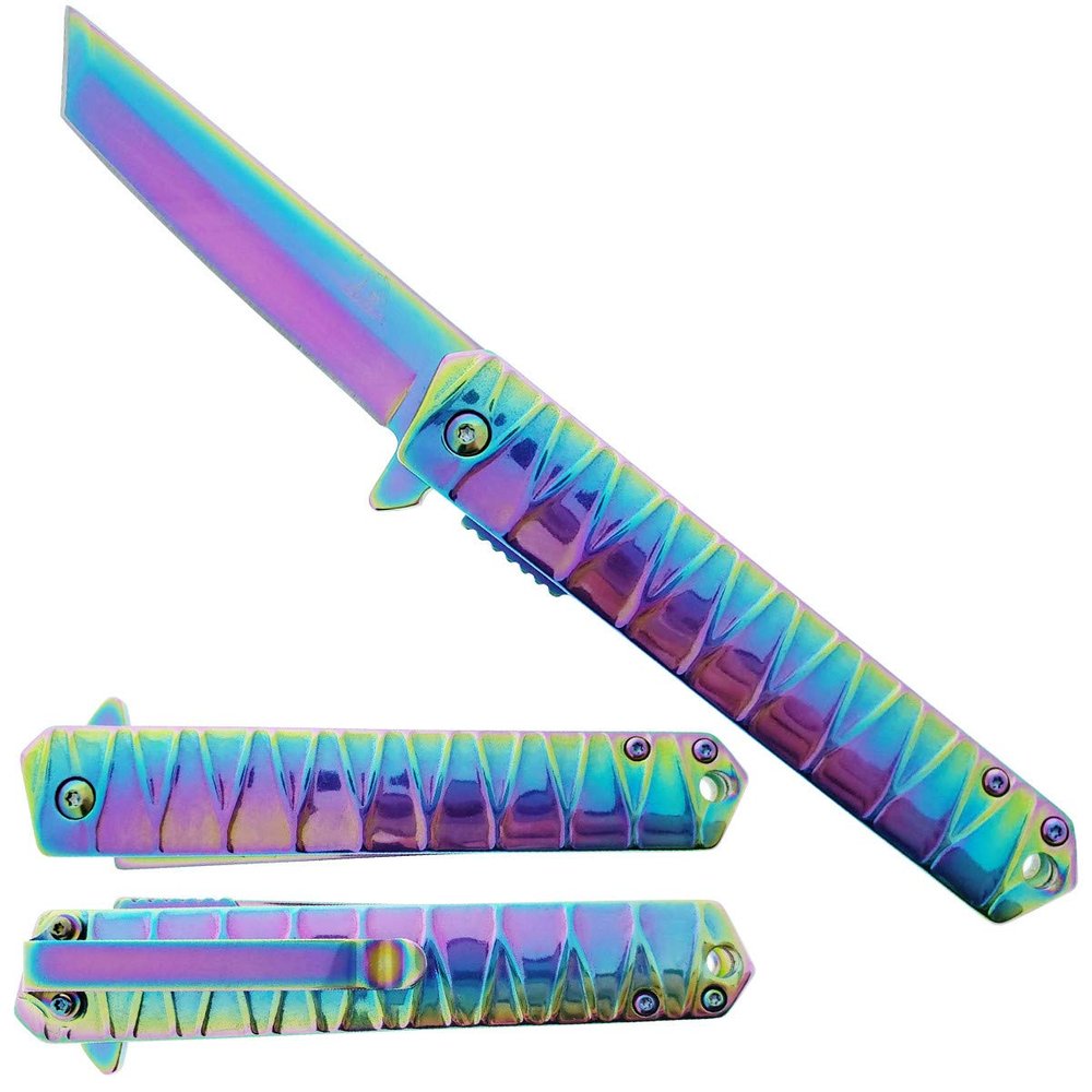 Falcon Tanto Style Folding Pocket Knife 3 Inch 440 Stainless Steel Blade, 8 Inch Overall Length, EDC Utility Knife for Camping, Outdoor Use, Collection & Gifting (Rainbow)