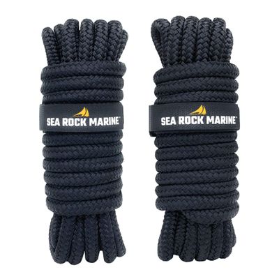 Sea Rock Marine 25' x 1/2" Premium Double Braided Nylon Dock Lines (2 Pack) with 12 Eyelet & Dock Line Ties - Dock Lines for Boats, Marine Rope, Boat Accessories - Black