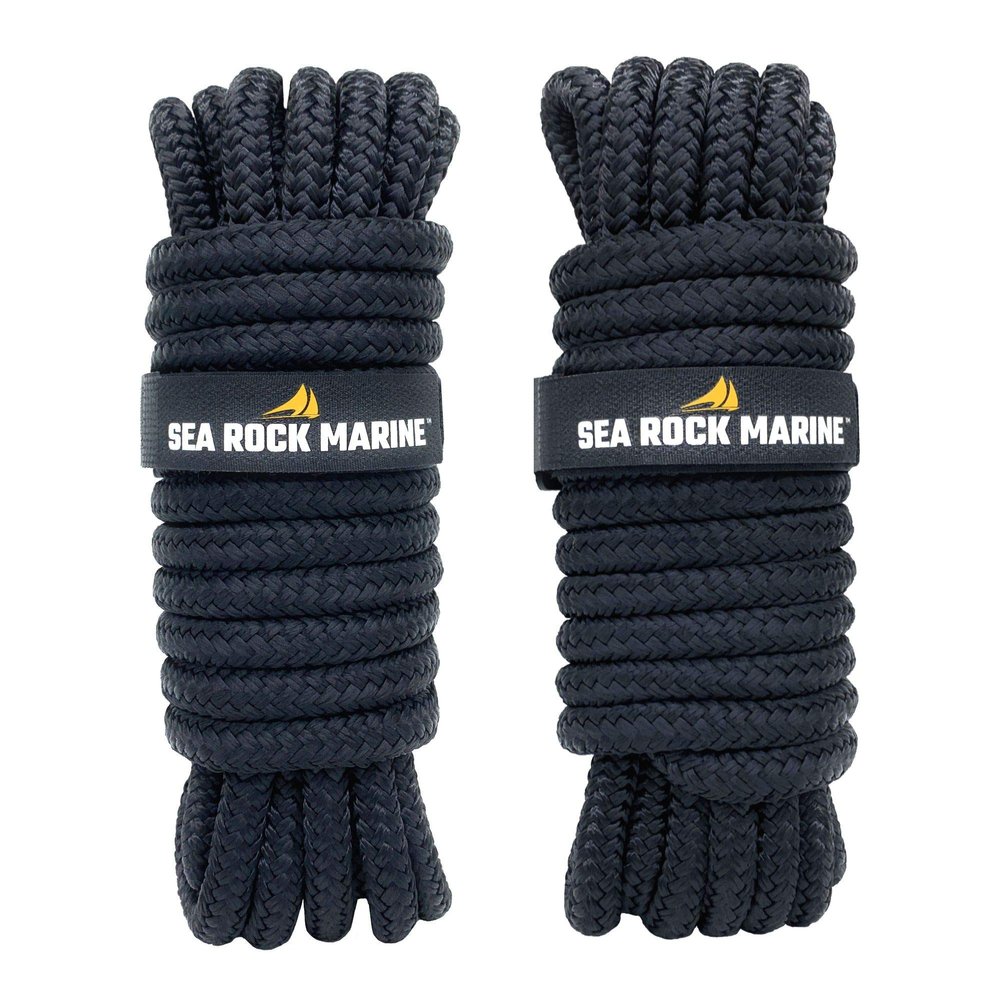Sea Rock Marine 25' x 1/2" Premium Double Braided Nylon Dock Lines (2 Pack) with 12 Eyelet & Dock Line Ties - Dock Lines for Boats, Marine Rope, Boat Accessories - Black