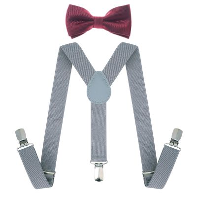 AWAYTR Child Kids Suspenders Bowtie Set - Adjustable Suspender Set for Boys and Girls (Dark Gray+Wine red Bowtie, 30Inches (6 Years to 5 Feet Tall)