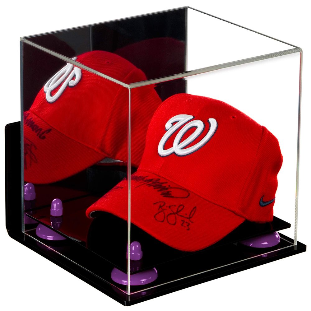 Better Display Cases Acrylic Baseball Cap Display Case with Mirror, Wall Mount, Purple Risers and Black Base (A006/V21)