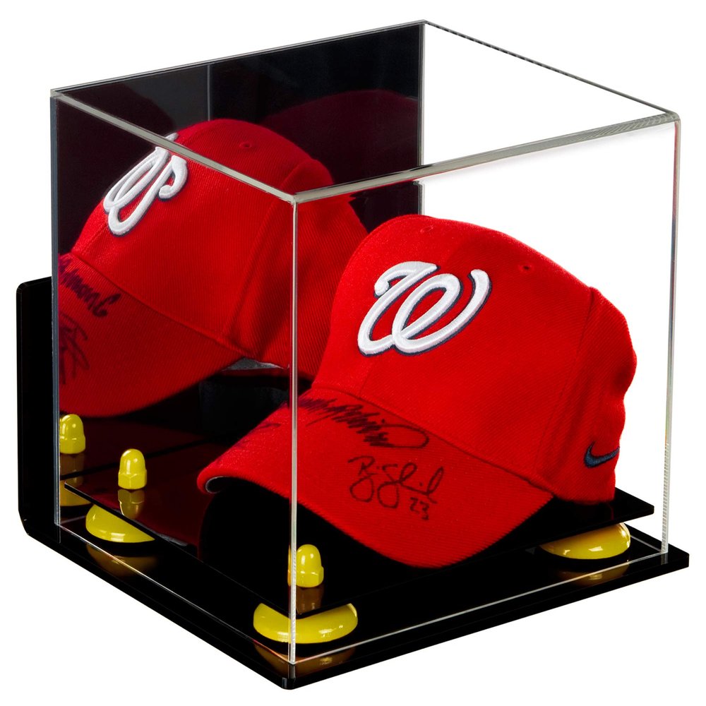 Better Display Cases Acrylic Baseball Cap Display Case with Mirror, Wall Mount, Yellow Risers and Black Base (A006/V21)