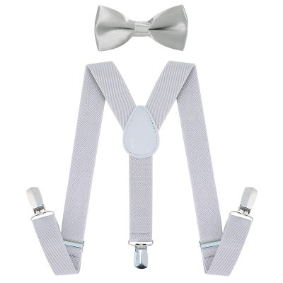 AWAYTR Child Kids Suspenders Bowtie Set - Adjustable Suspender Set for Boys and Girls (Light Gray, 30Inches (6 Years to 5 Feet Tall)