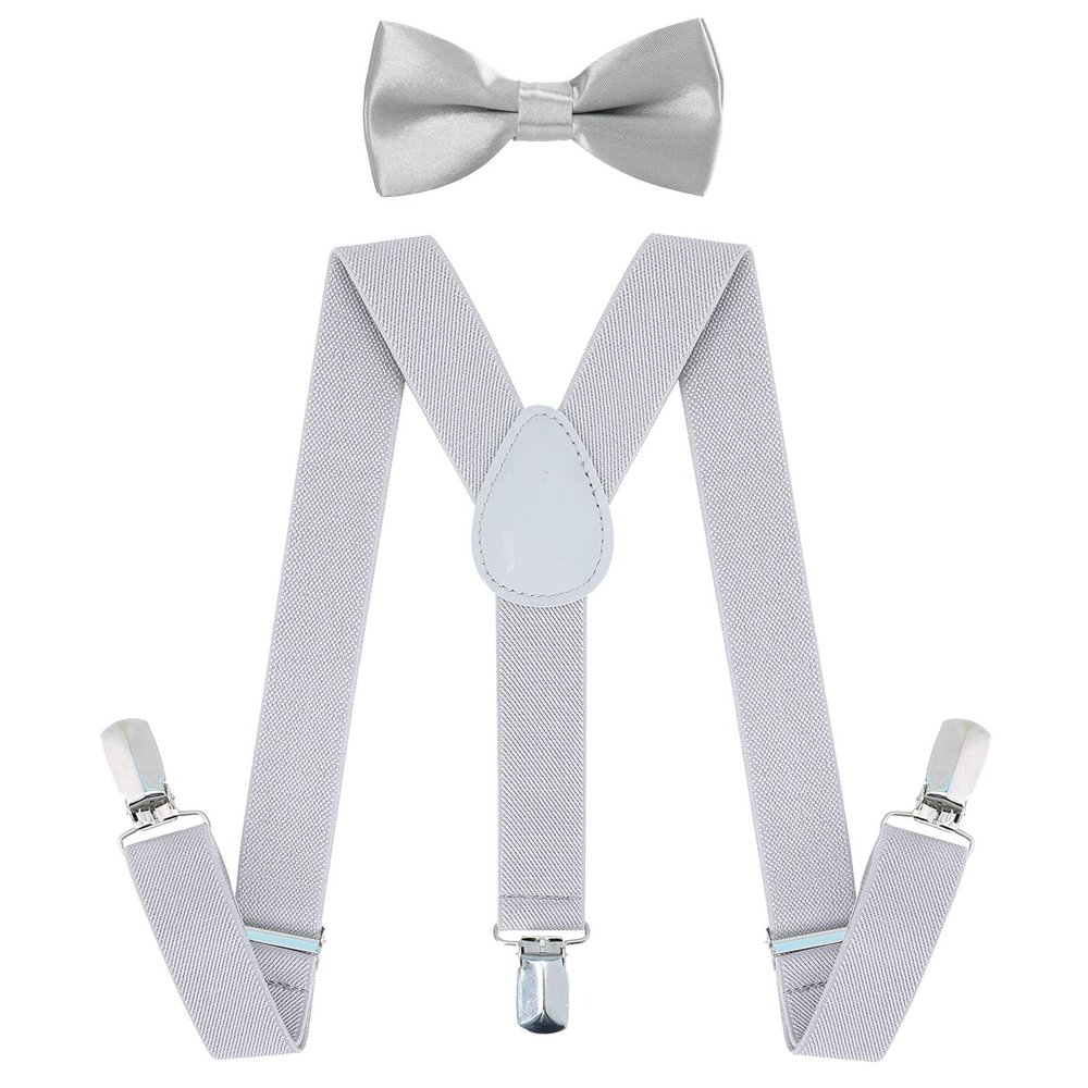 AWAYTR Child Kids Suspenders Bowtie Set - Adjustable Suspender Set for Boys and Girls (Light Gray, 30Inches (6 Years to 5 Feet Tall)